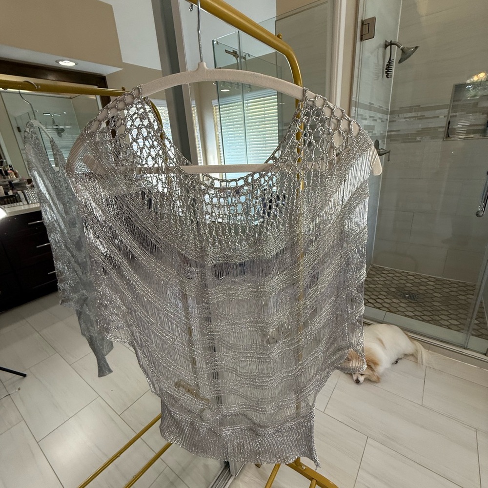 Silver Metallic Knit Poncho Bikini Cover with Metallic Thong Set (A293)